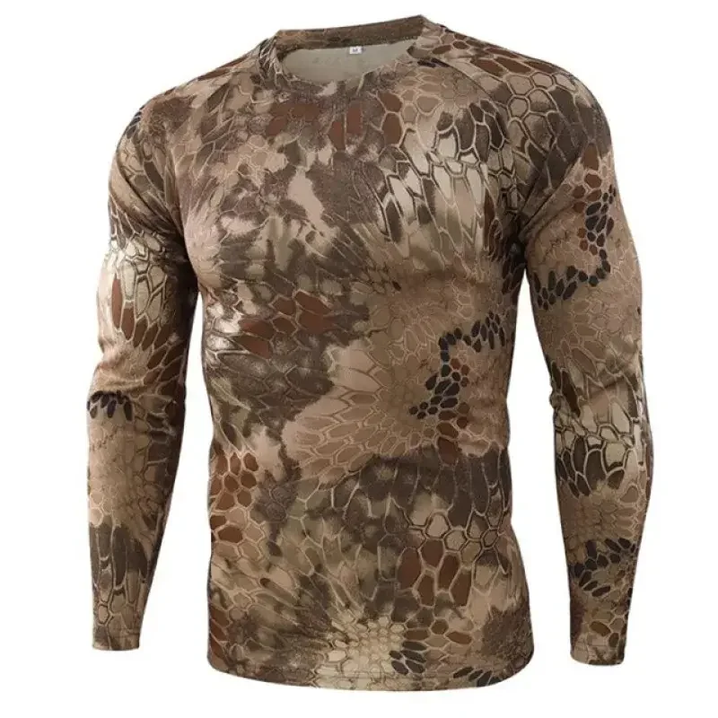 2024 Autumn New Men\'s Slim Fitting Camouflage Printed round neck Long Sleeved T-shirt, Hunting Camping Hiking pullover T-shirt