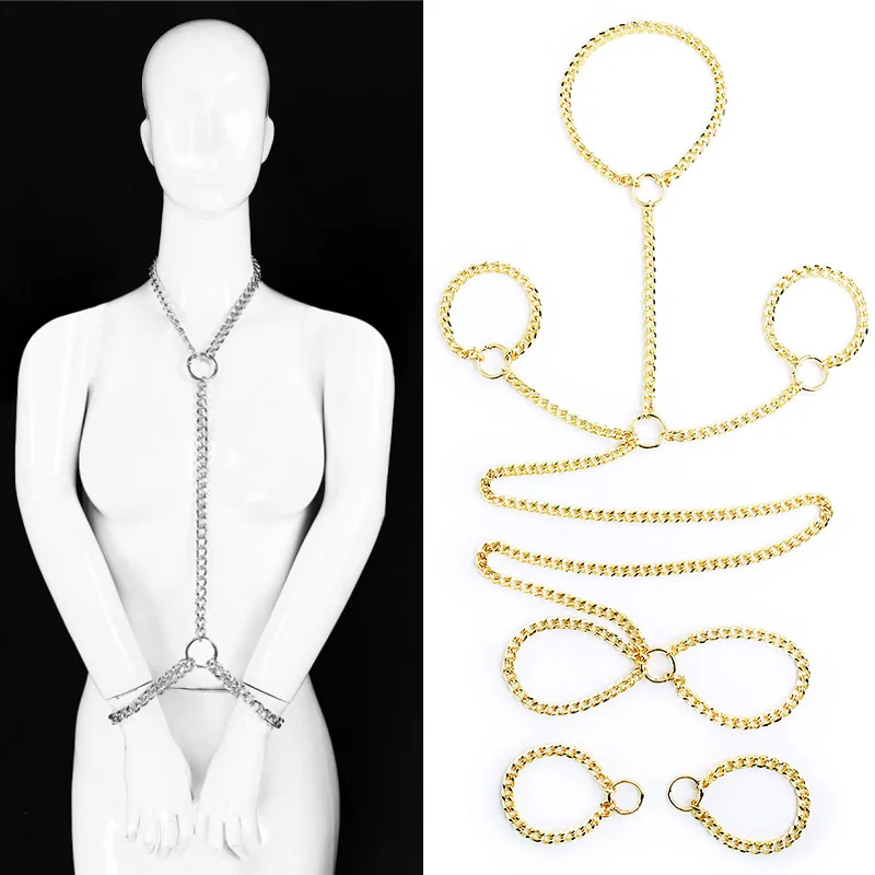 Stainless Steel Hand&Ankle Cuffs Necklace Collar Lockable Chain Fancy Adult Slave Role Play BDSM Restraint Bondage Sex Toys