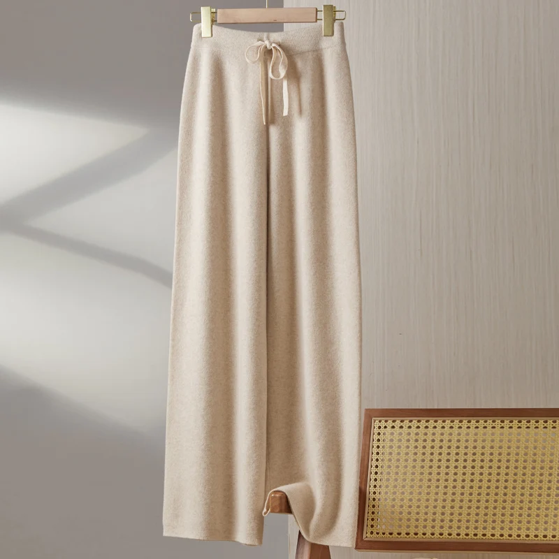 100% Merino Wool Knitted Women's Wide Leg Elastic Waist Pants Thick Warm Fashion Lady Versatile Simple Trousers for AutumnWinter