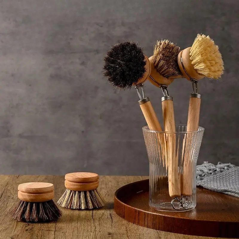 Wooden Handle Dish Brush With Replaceable Replacement Sisal Heads Pot Cleaning Brush Non Scratch Kitchen Cookware Washing Tools