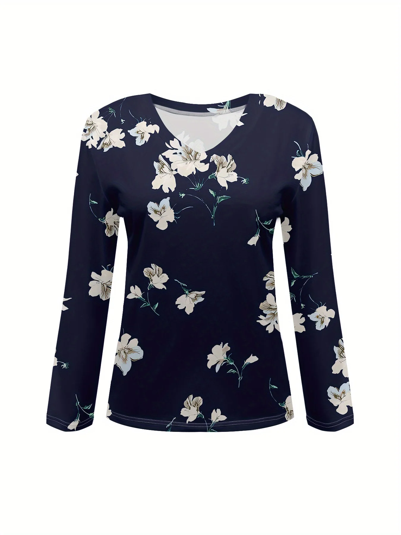 여성용 2025 기본 브이넥 긴팔, 우아한 꽃무늬 프린트 폴리에스터 릴랙스 핏 티셔츠, 봄 가을 캐주얼 편안한 상의