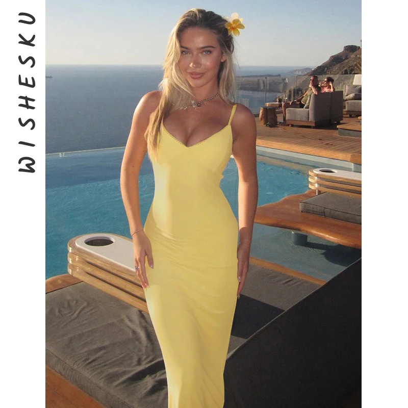 Sexy Spaghetti Strap espalda descubierta corte bajo ceñido Maxi Vestido mujeres sólido elegante Vestido de fiesta 2025 noche de verano graduación Y2K ropa