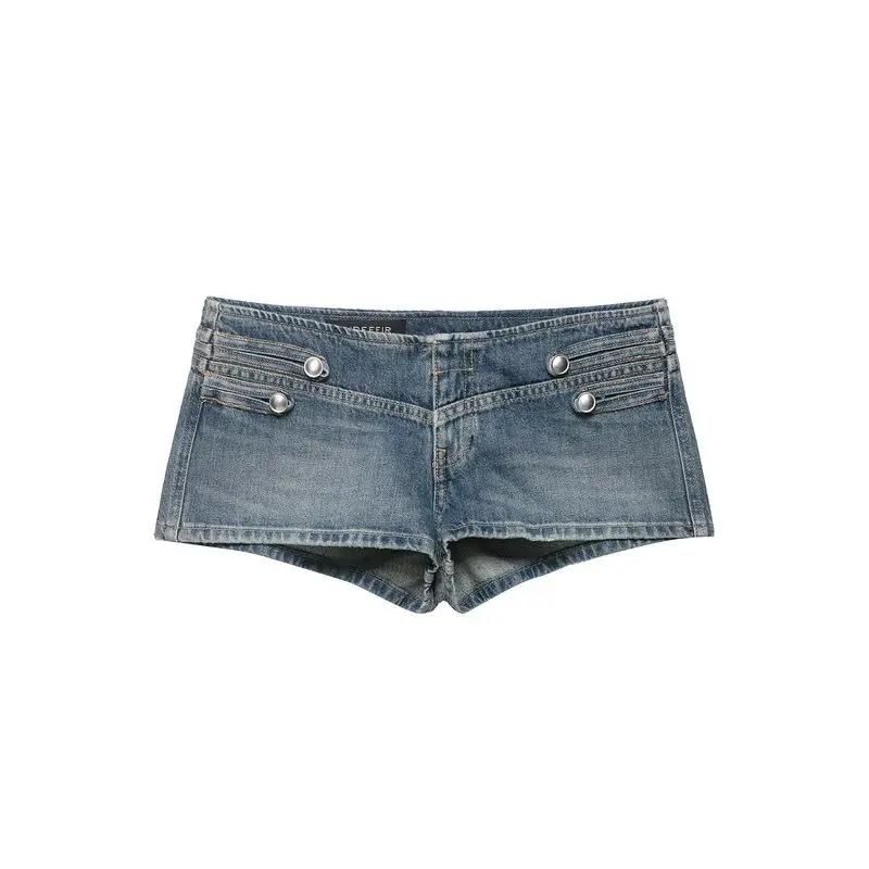 Chic Stand Collar Denim Coat Shorts Set Women Multiple Rows Button Decoration Jacket Low Waist Jean Shorts Retro High Streetwear view 6