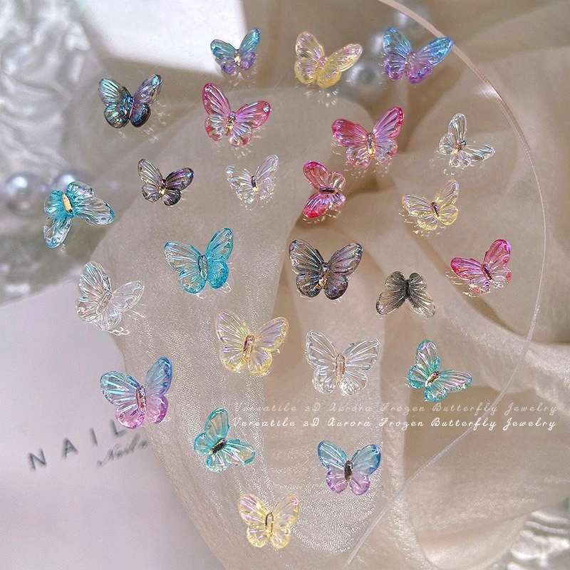 30Pcs Aurora Iridescent Butterfly Nail Charms Gradient Size Resin 3D Butterflies for DIY Nail Decorations
