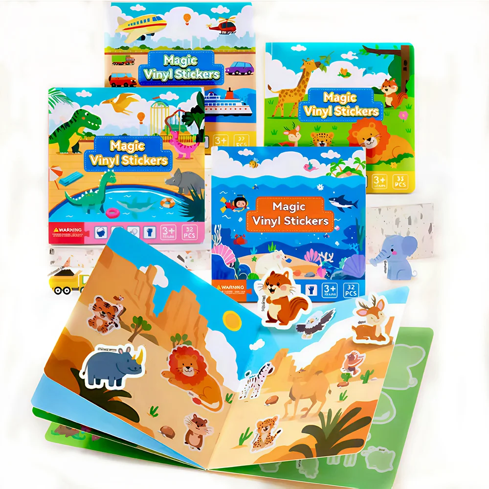 Reusable Cute Scene Stickers DIY Puzzle Magic Sticker Books Cartoon Animal Learning Cognition Educational Toys For Kids Gift