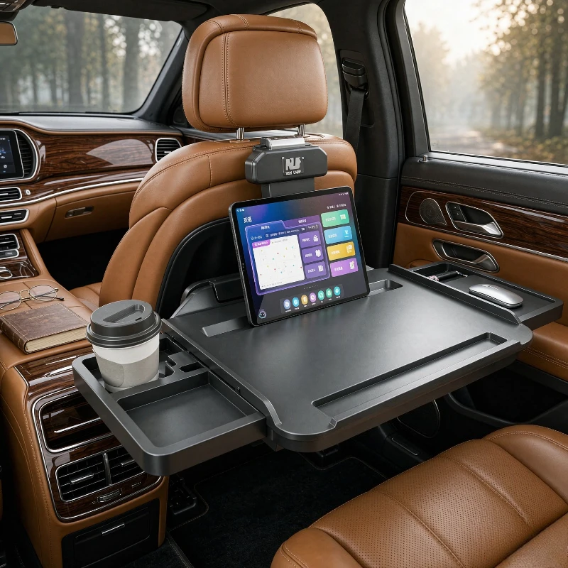 Folding Car Back Seat Tray Table with Hidden Drawer Black ABS Body Stable Passenger Laptop Desk for Convenient Travel Dining