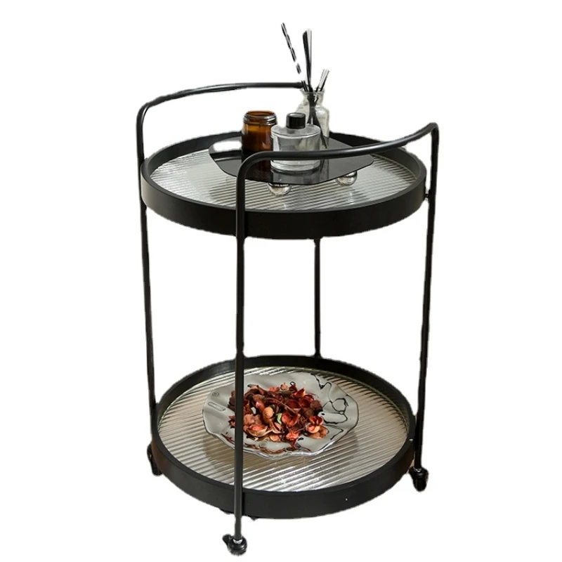 

PQF Movable Rattan Trolley Tea Table with Wheels Double Layer Sofa Side Table Side Cabinet