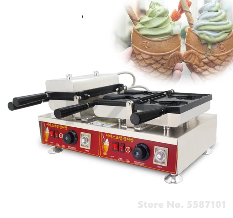 Digital Ice Cream Fish Shape Cake Waffle Cone Machine Electric Commercial 4 Pcs Korean Style Open Mouth Taiyaki Maker For Sale