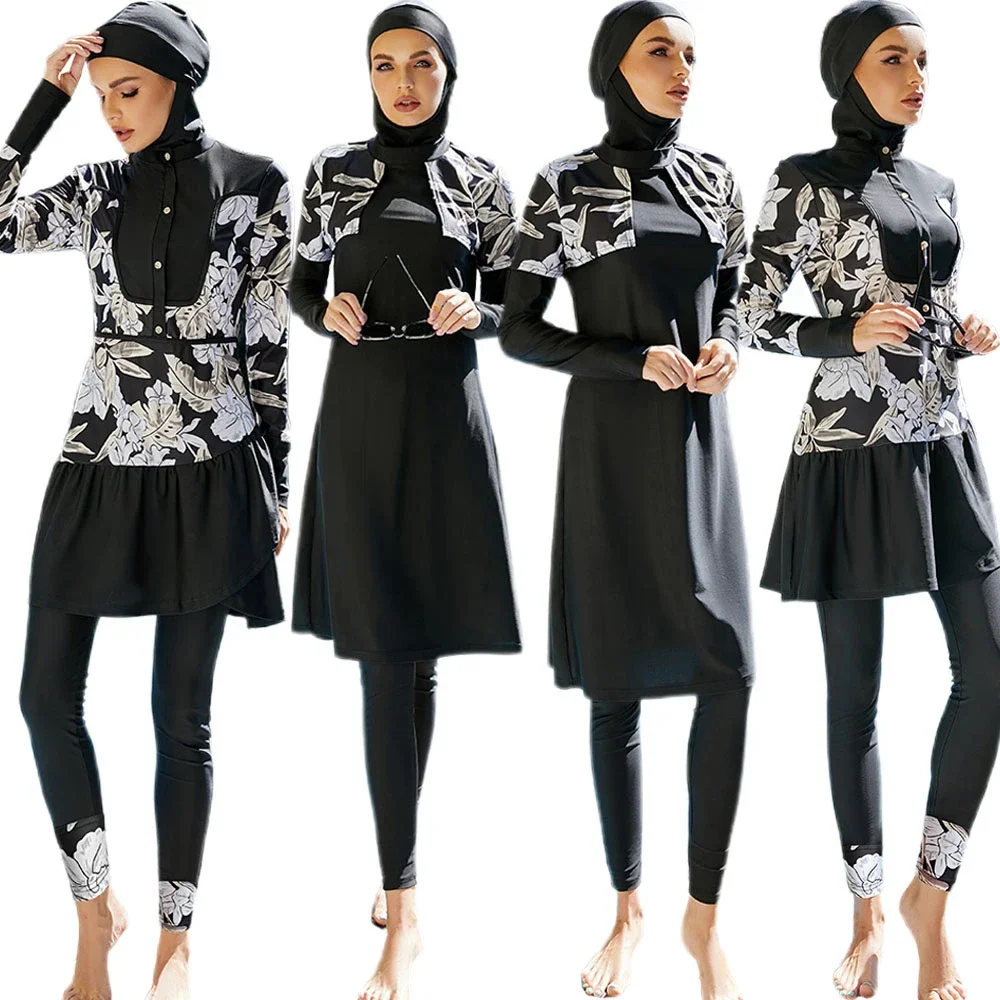

Мусульманские купальники Burkinis из трех предметов, исламский принт, женские купальники с полным покрытием, скромные купальные костюмы, пляжная одежда, Burkini Femme Musulmane