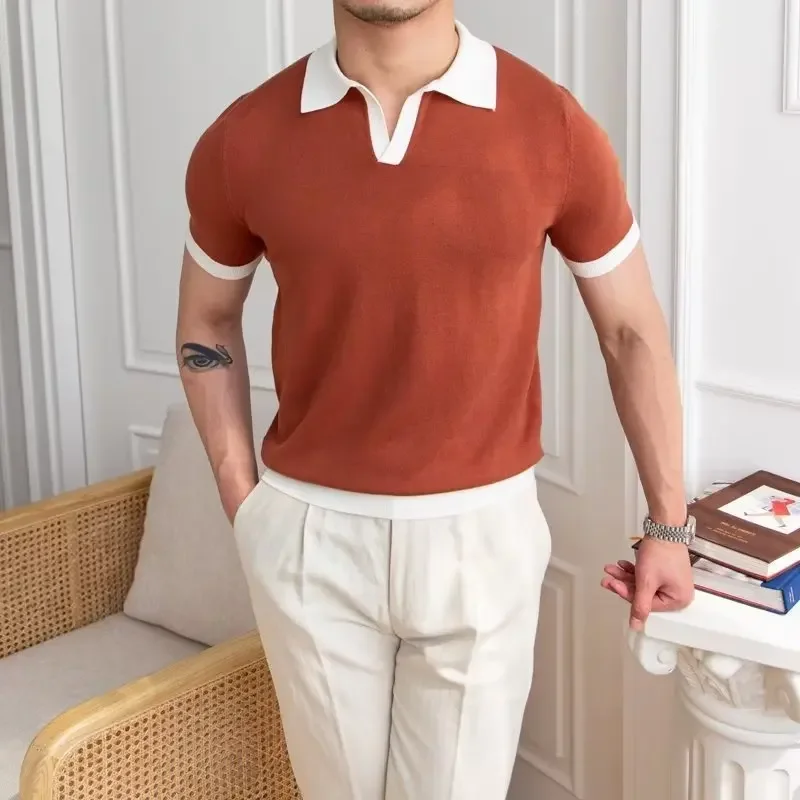 2025 Summer Lapel Breathable Short Sleeve Temperament Men's Clothing Slim Korean Version Solid Color Trend Knitted POLO Shirt