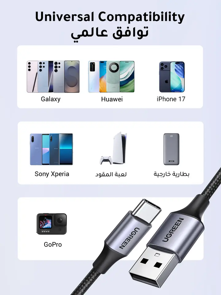 كابل يو جرين 3A يو اس بي نوع سي لهاتف ايفون 17 و16 وشاومي وسامسونج سلك شحن سريع وشاحن يو اس بي-سي وكابل بيانات لآيباد وبوكو يو اس بي سي - 3