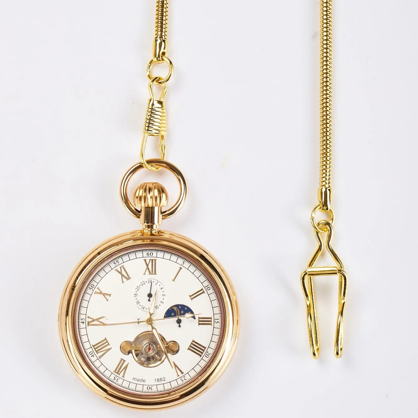 Copper shell glass surface without cover Sun, moon and stars Mechanical pocket watch Copper watch College student classic Old