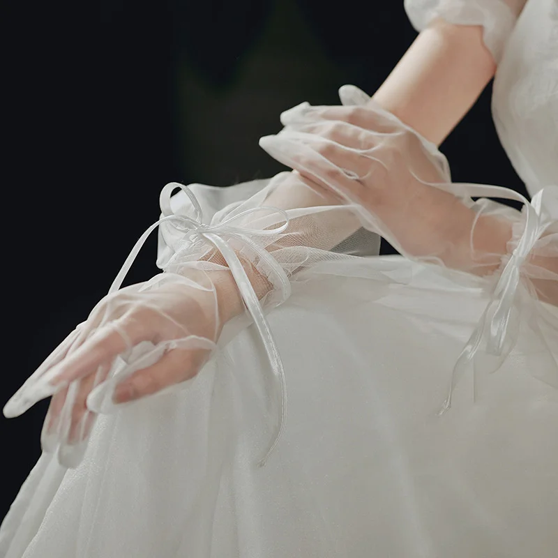 Exquisite Wedding Bridal Short White Lace Gloves Pearls Ruffle Edge Women Ladies Bride Bridesmaid Finger Wrist Handschuh image 5