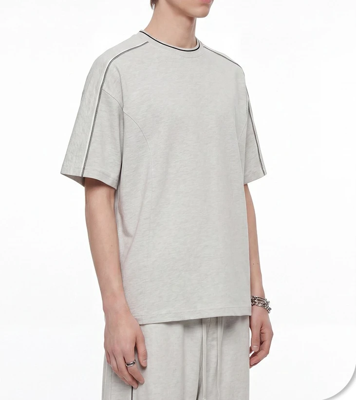 2026 Summer New Bright Line Contrasting Color Splicing Thread Neck Pure Cotton T-shirt Men's Shoulder Three-dimensional