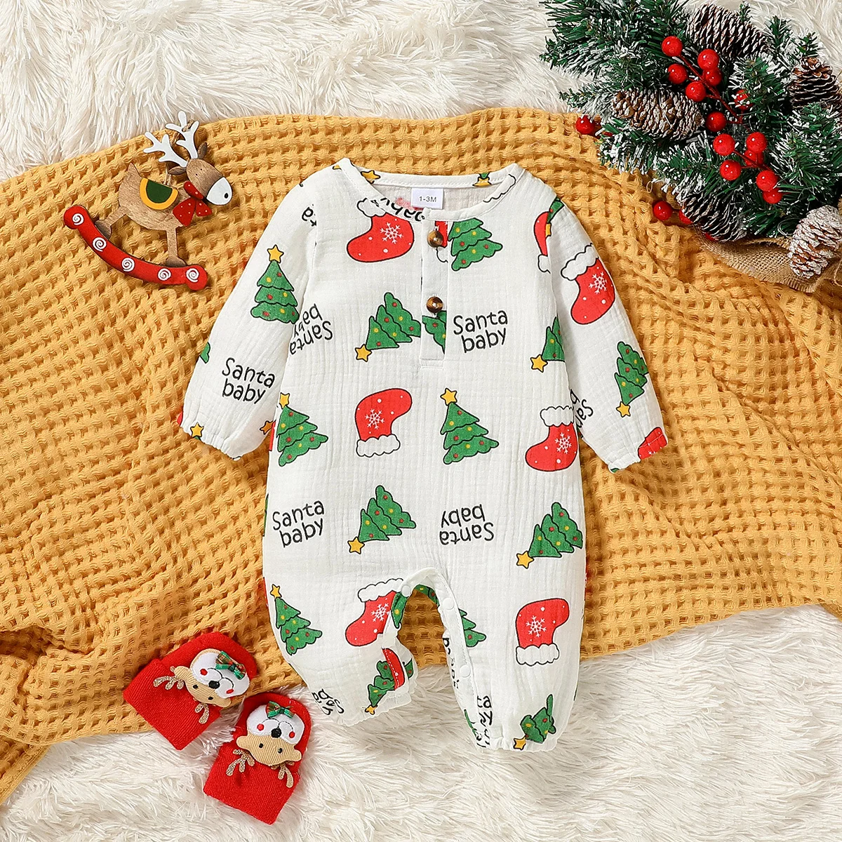 Baby Boys/Girls Long Sleeve Print Cartoon Christmas Trees For Newborn-12M Cotton Soft Jumpsuit Christmas Clothing