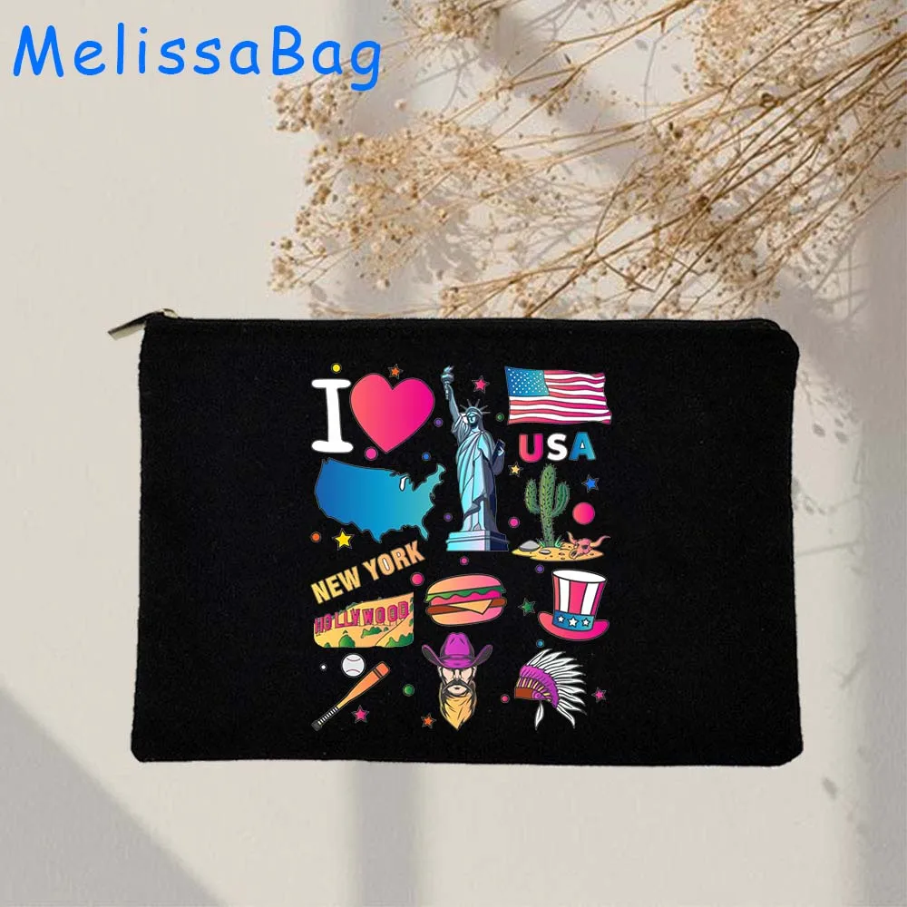 American Ethiopia China Brazil Mexico Russia Japan Landmark Flag Map Cultural Icons Canvas Cosmetic Makeup Bag Pencil Case Pouch