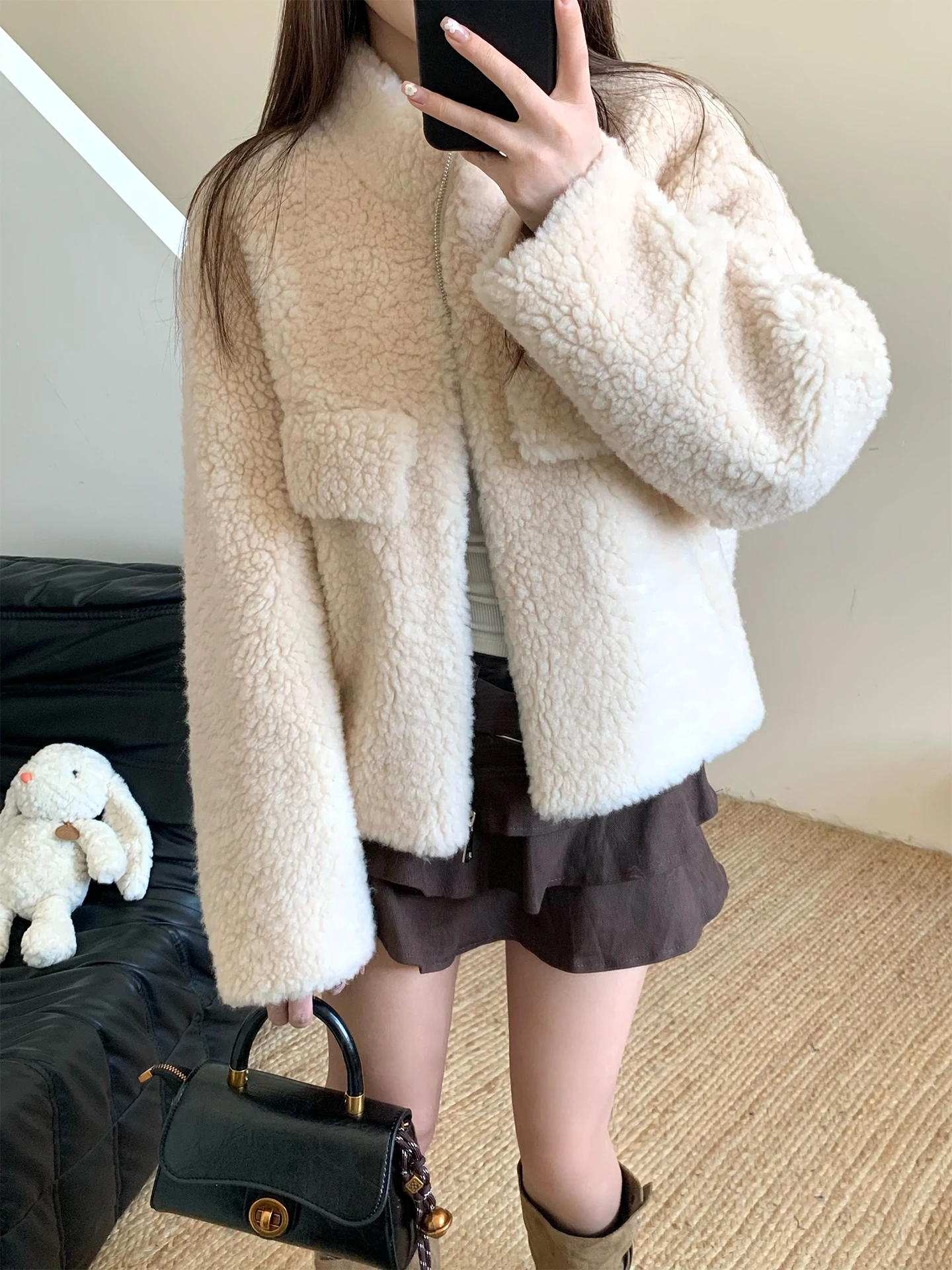 Nova Chegada: Casaco Feminino de Lã Pura com Zíper, Gola Curta e Forro de Pele Integrado para Aquecimento, Confortável, Estilo Jovem, Versão Coreana