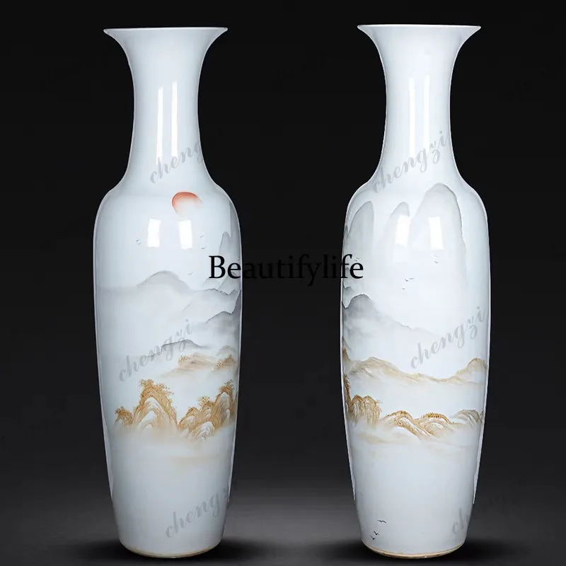 Ceramic floor-to-ceiling large vase hand-painted freehand landscape rising sun, homestay decorative bottle ornament