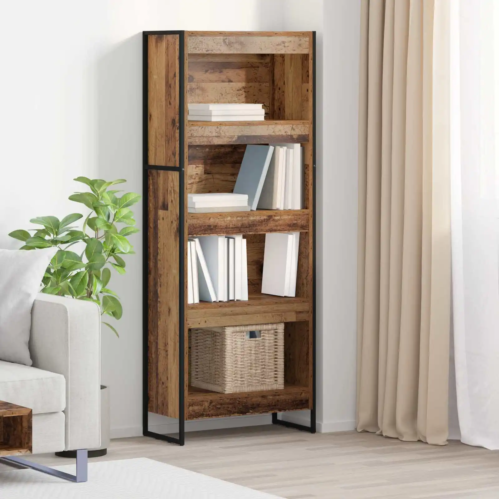 Antikes Holz-Bücherregal 60x30x155 cm, Freistehendes Bücherregal aus Engineered Wood mit Offenen Ablagefächern für Wohnzimmer, Arbeitszimmer und Büro
