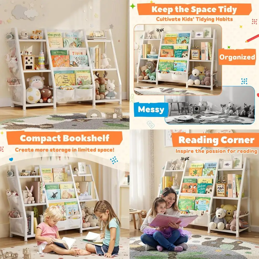 خزانة كتب بيضاء كبيرة مكونة من 3 طبقات مع أرفف وجيوب لمنظم كتب وألعاب الأطفال الصغار