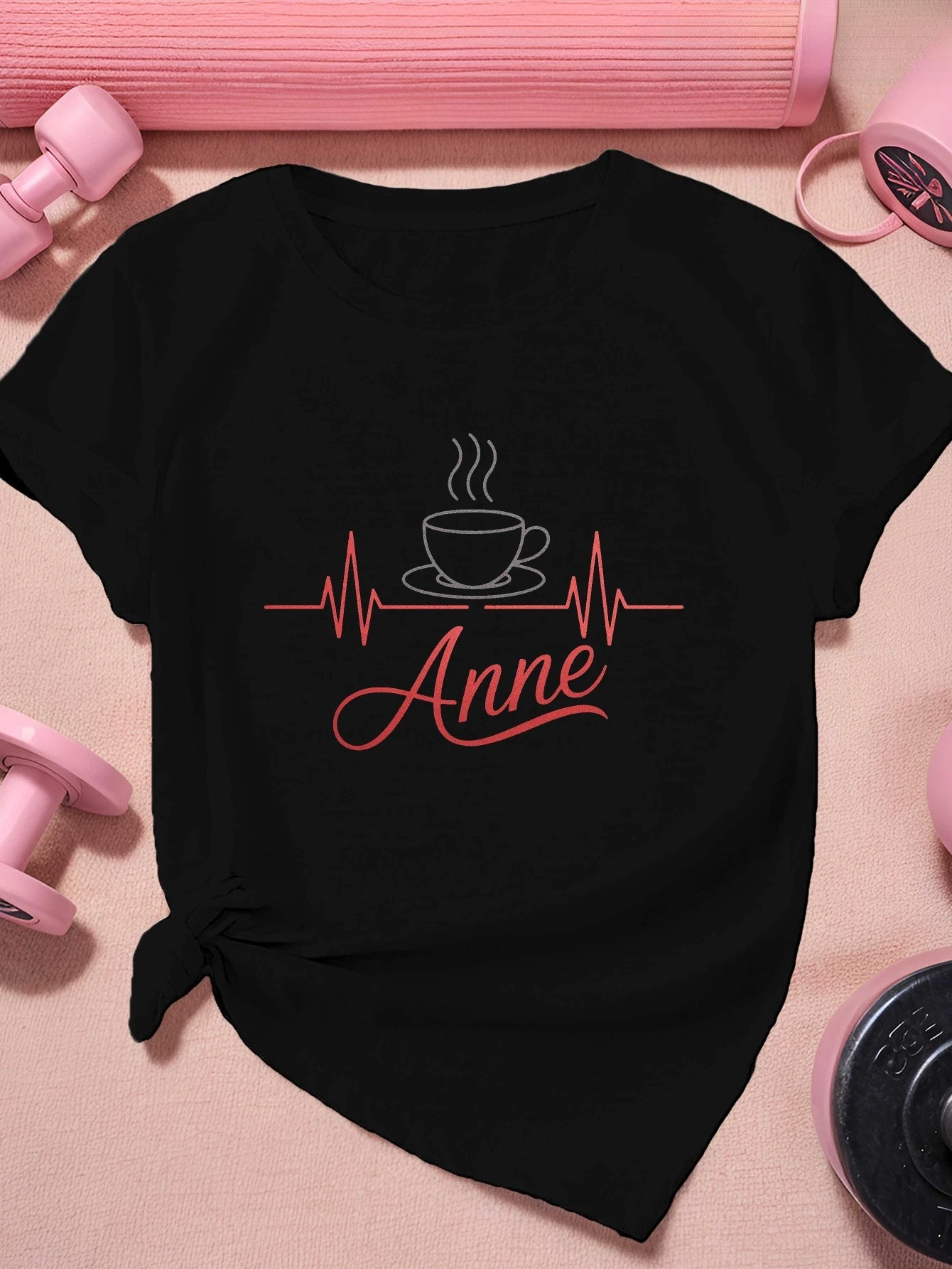 Women'S Coffee Cup Heartbeat Anne Graphic T-Shirt - Dark Grey with Red Lettering Casual Round Neck Short Sleeve Top
