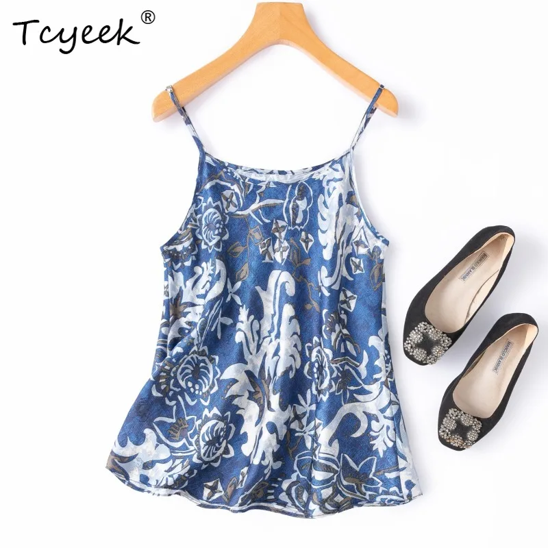 Tcyeek 100% Real Mulberry Silk Tops for Women 2026 Summer High-quality Comfortable Printed Sexy Top Clothes for Woman Ropa Mujer