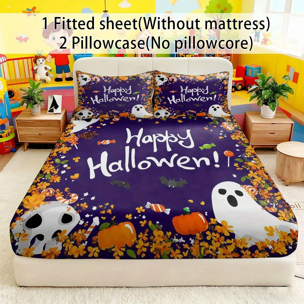 3-Piece Halloween Bedding Set, Deep Purple, Includes Fitted Sheet and Pillowcases, with the Text "Happy Halloween!", Featuring Ghosts, Pumpkins, Bats, Witches, and Sugar Corn