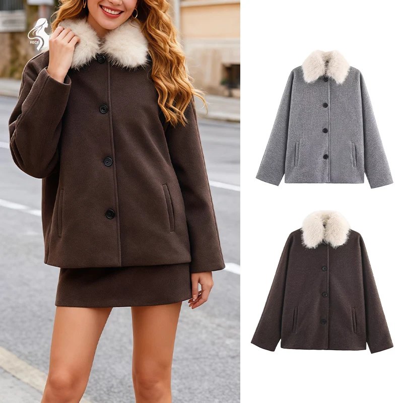 

"Women's Faux Fur Collar Wool Blend Coat - Brown & Grey Options, Button Front, Casual Winter Outerwear