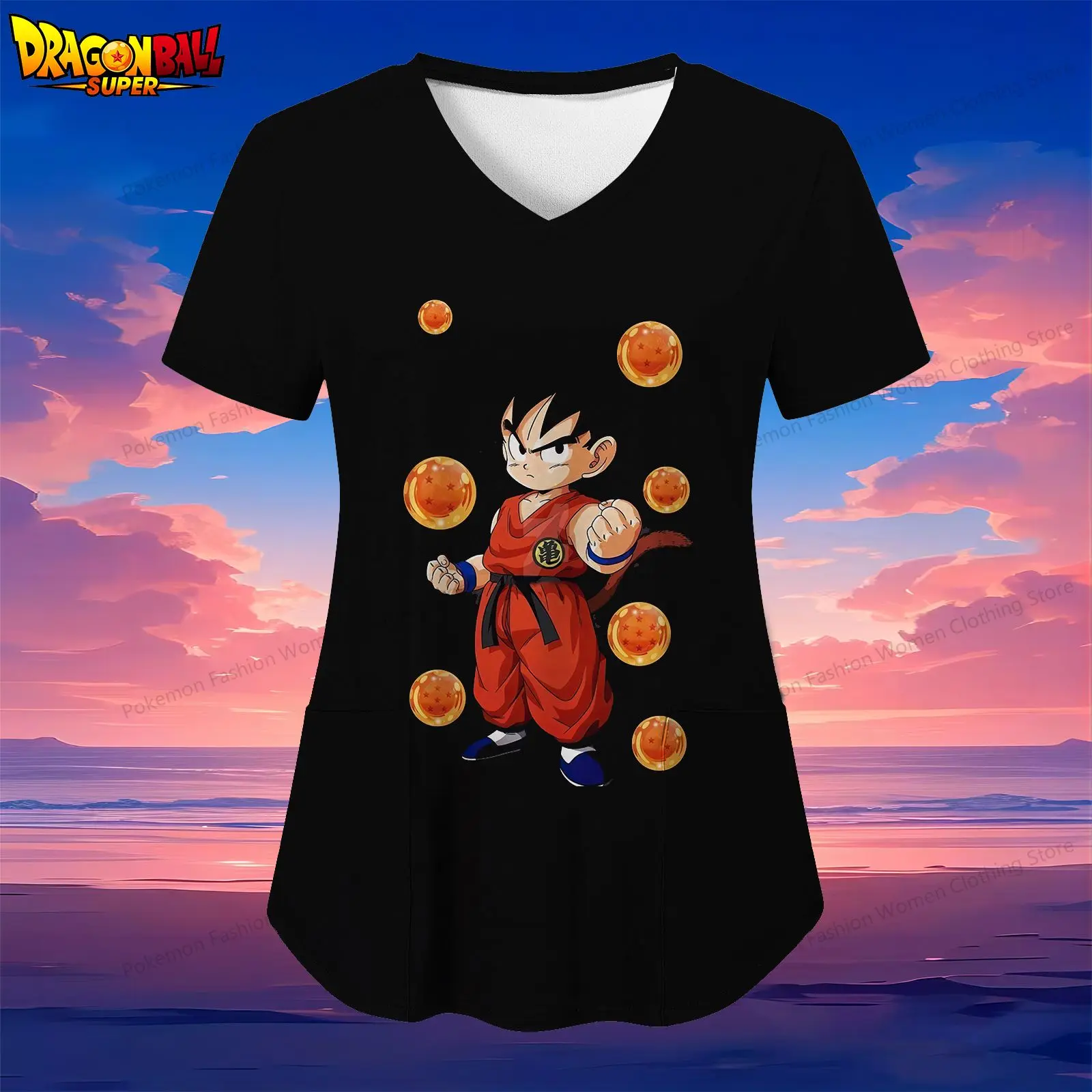 Damska koszulka pielęgniarki z dekoltem w szpic Dragon Ball Kakarotto Kieszeń Odzież damska 2024 S-2XL Koszulka z krótkim rękawem Y2k Anime Lato