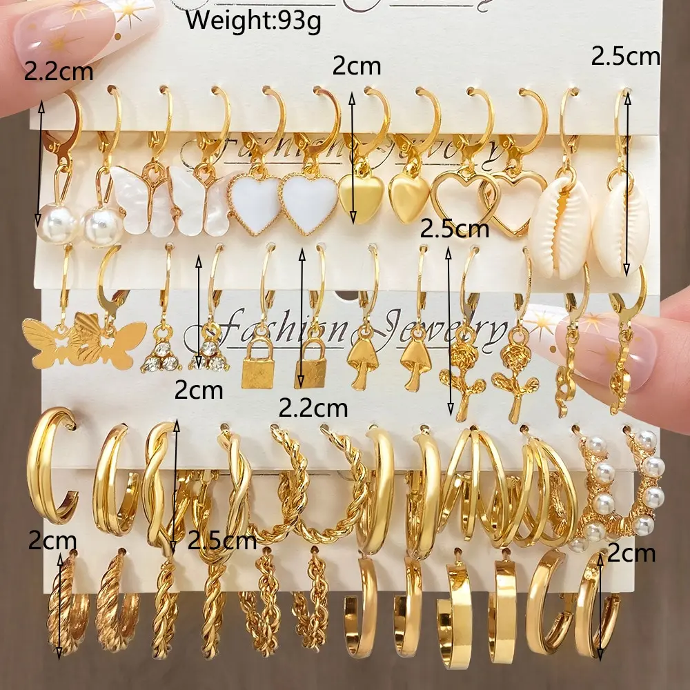 24 Pairs/Set Gold-Color Love Earrings Set Metal Butterfly Vintage Circle Geometric Twist for Women Girls Trendy Jewelry Gifts