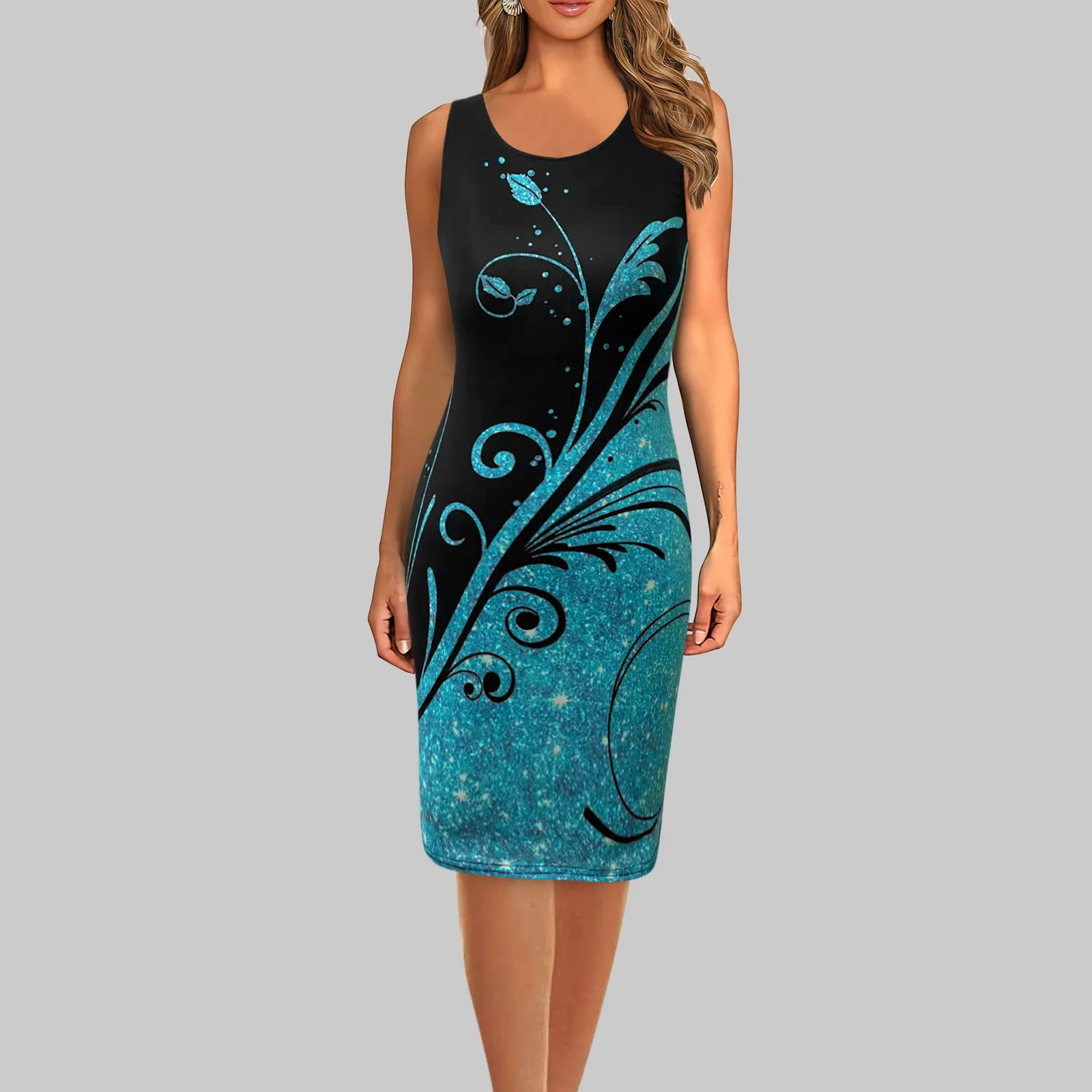 

Women's Fashionable Round Necked Sleeveless Formal Dress With Printed Pattern Multi-Color Dress Slim Fit Costume For Women