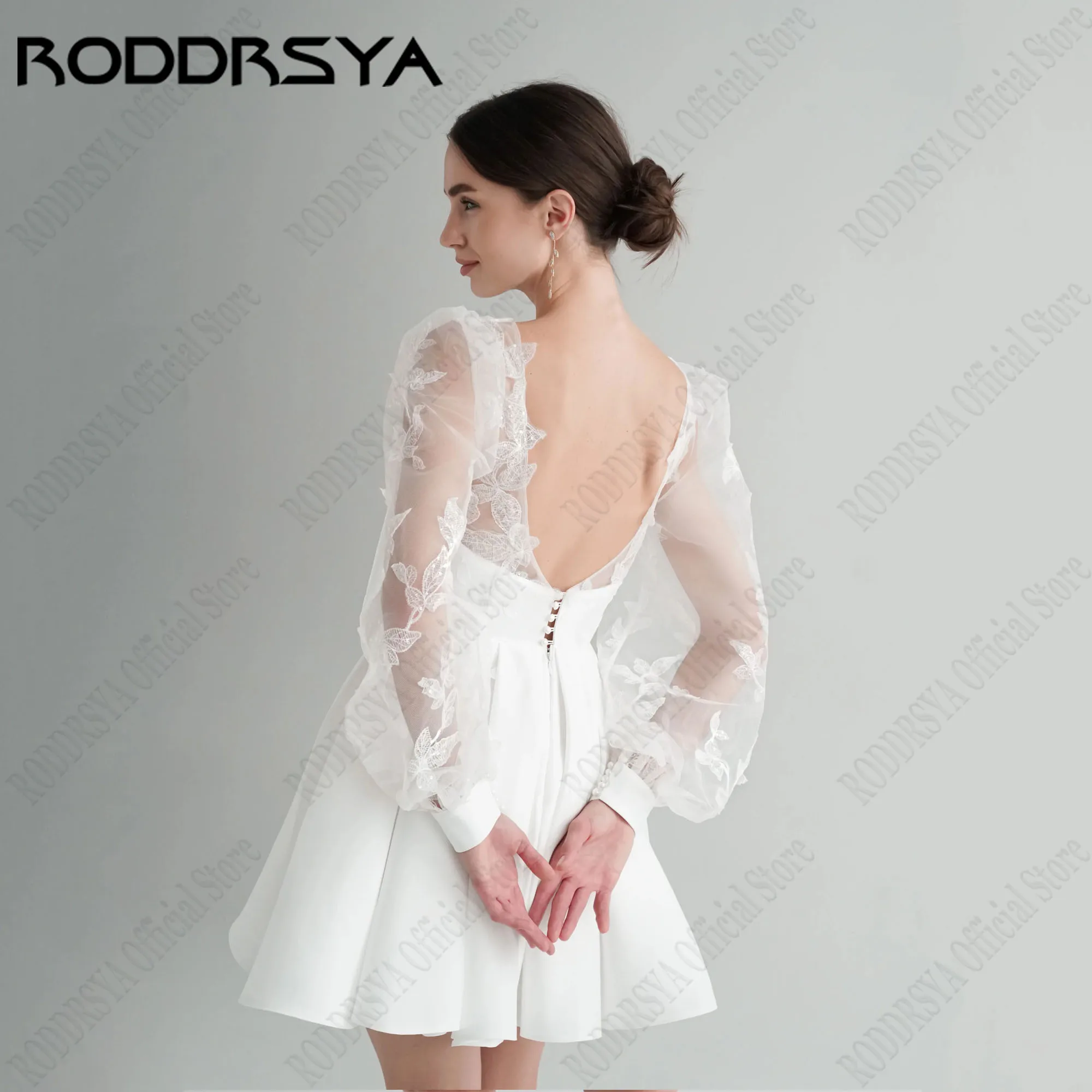 RODDRSYA Mini A-Line Bride Party Gown Long Puff Sleeves Appliques Satin Wedding Dress V-Neck Button vestidos de novia Customized