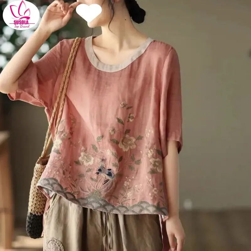 Cotton Linen Embroidered Floral Blouses Women's Chinese Classic Loose Shirt Top Casual Retro O Neck Short Sleeve Summer Shirts