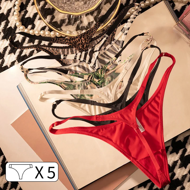 

5 шт. Ice Slik с низкой талией для девочек, стринги с леопардовым цветком, женские трусики, сексуальные трусы-стринги с Т-образной спинкой, нижнее белье, женское нижнее белье, размер S-XL