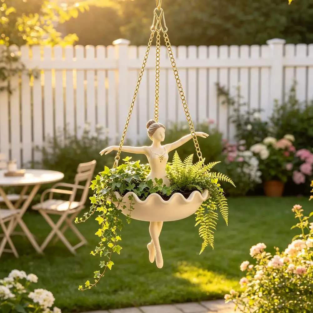 Resin Ballet Dancer Hanging Planter Whimsical Elegant Ballerina Figure Girl Hanging Plant Basket Home Garden Decoration