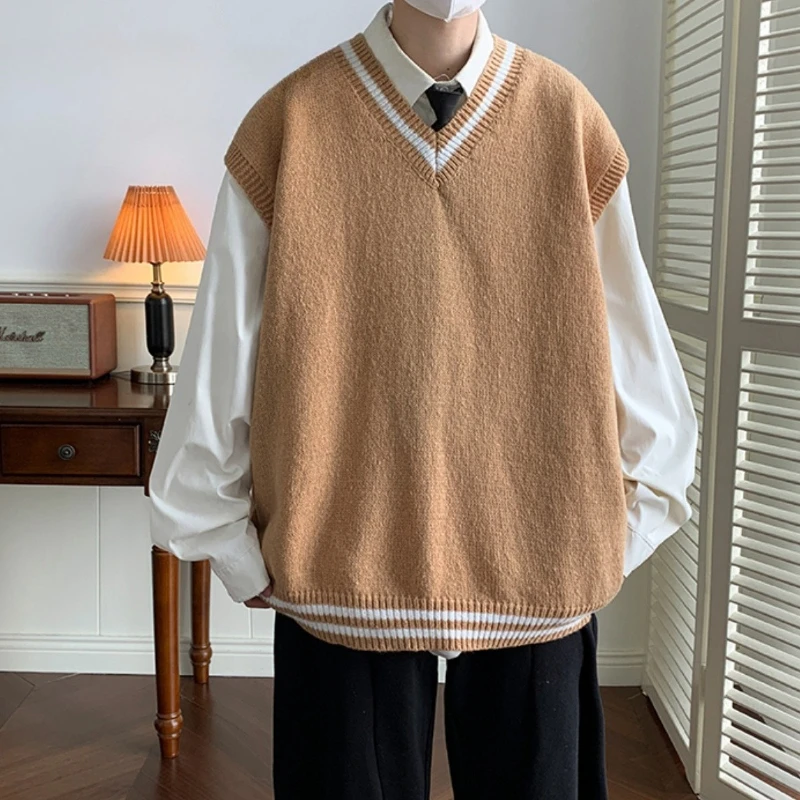 

Мужской свободный японский ретро-свитер с v-образным вырезом для пар, жилет, модный школьный стиль, трендовый бренд без инфракрасного механизма