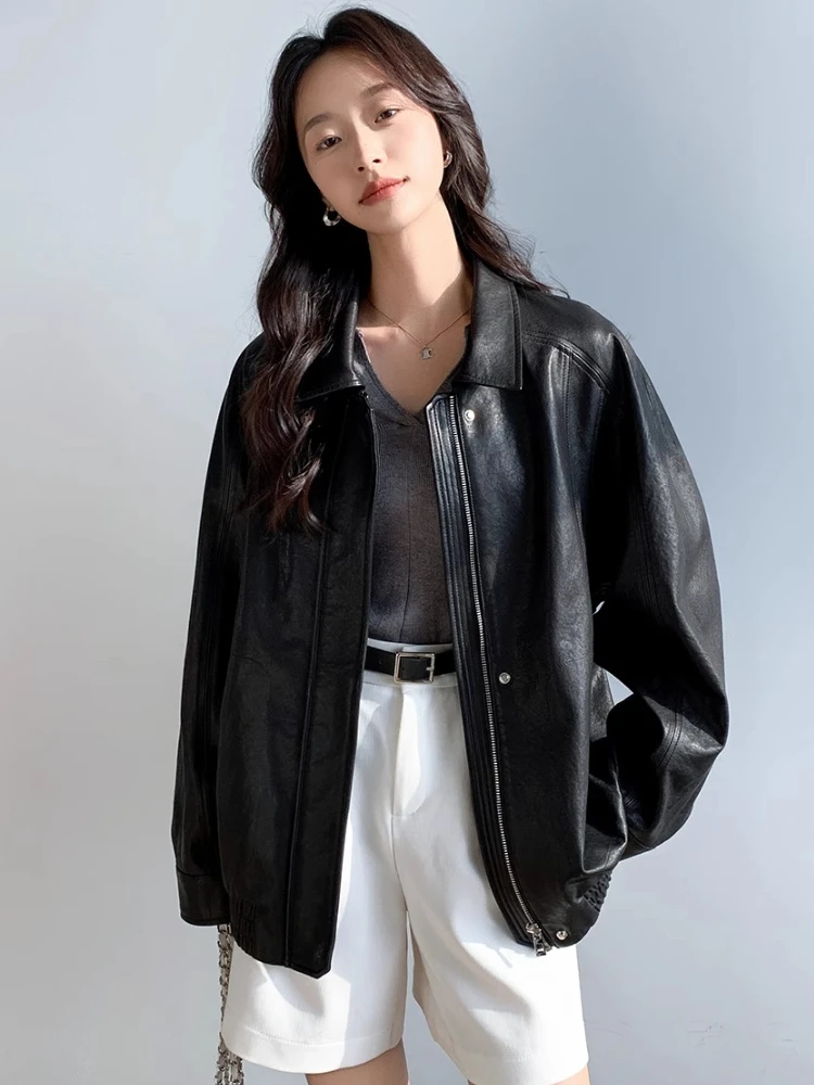 Vintage Genuine Leather Motorcycle Jacket for Women Spring Autumn 2025 New High-end Casual Simple Soft Black Real Sheepskin Coat