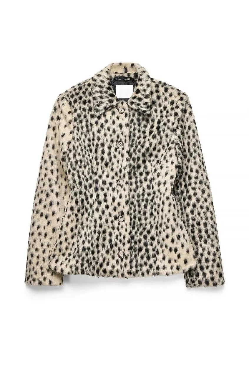Women Leopard Print Faux Fur Pointed Collar Single Breasted Cinched Waist Cropped Jacket, Winter Vintage Elegant Commuter Outerw