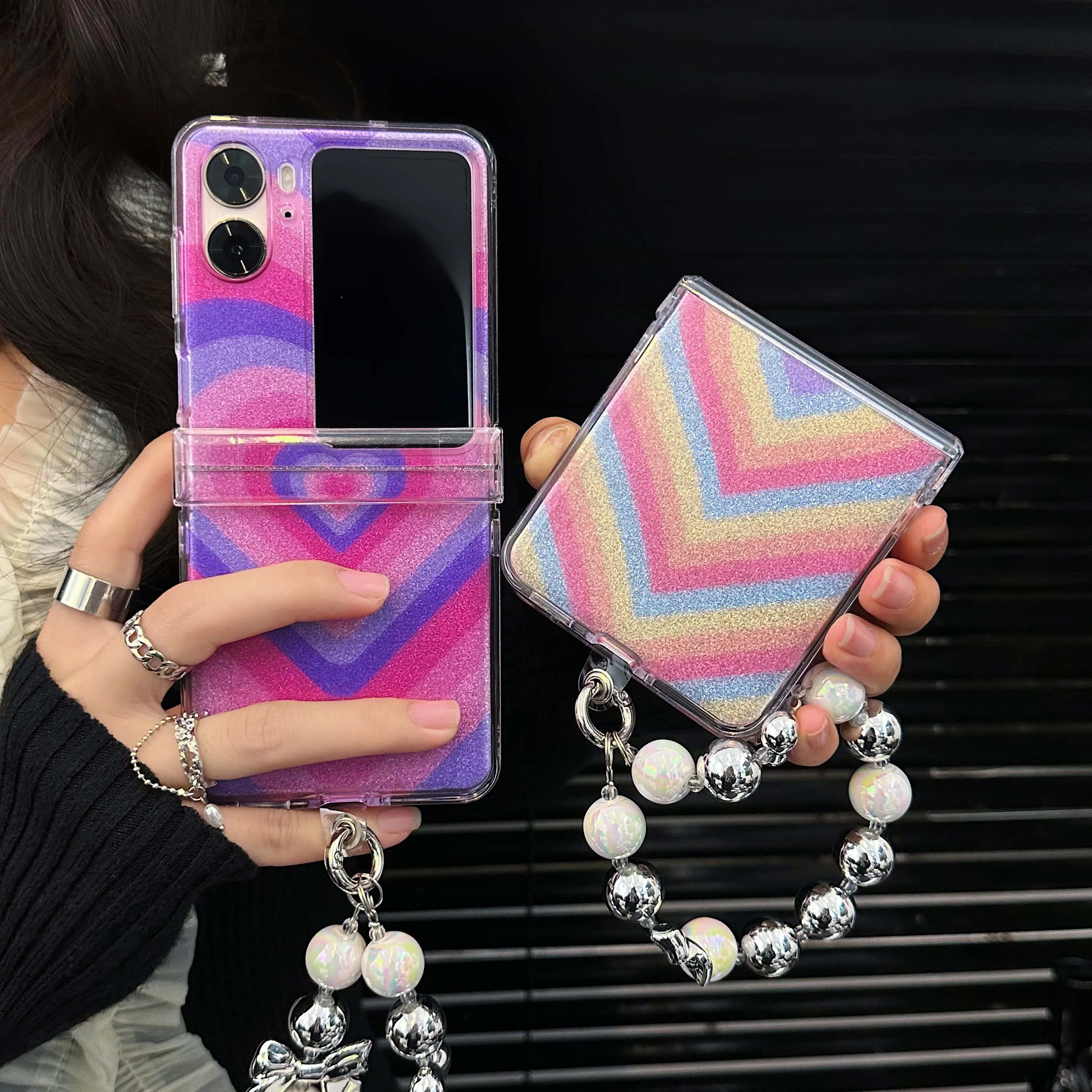 

Blingbling shiny stars love cartoon couple bracelet PC hard 3 in 1 shockproof phone case For Oppo Find N2 FLIP N2FLIP 5G N 2