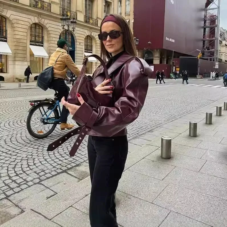 Retro PU Leather Coats Women Turn-down Collar Epaulet Faux Leather Jacket Autumn Winter Jackets Outerwear Overcoats Clothing