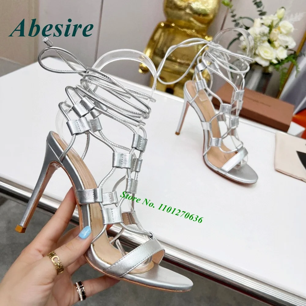 Silver Cross Strap Sandals Stiletto Heels Open Toe One Strap Women's Sandals Cut Out Lace Up Luxury Summer Shoes Elegant Sexy