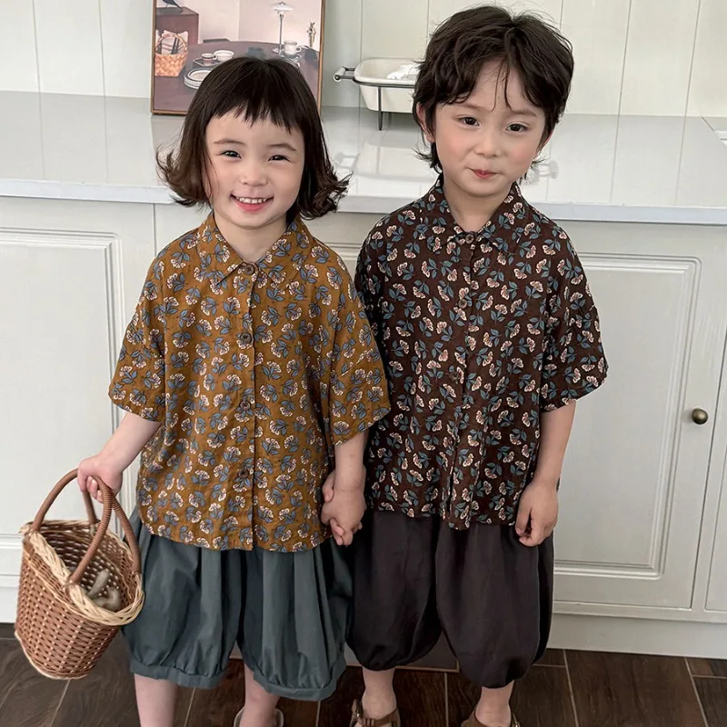 

Детская рубашка 2026: новая модель, модный цветочный принт, удобная, стильная, с коротким рукавом, желто-коричневая, с цветочным узором