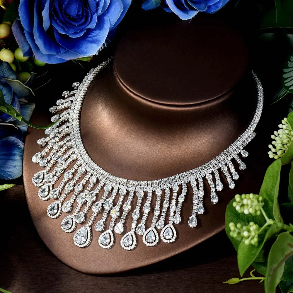 HIBRIDE جديد دفع ديلوكس شرابة كبيرة دمعة قلادة مجموعة مجوهرات الزفاف حفلة عطلة حفلة هدية نيجيريا اكسسوارات S-312 #5