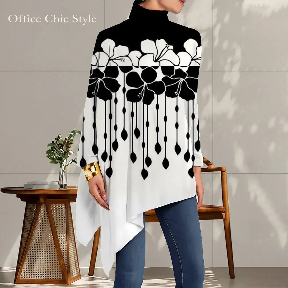 

Artistic Black & White Floral Print Dress Women's Temperament Commuting Office Wear Fashion Casual High-neck Long Sleeve Dress