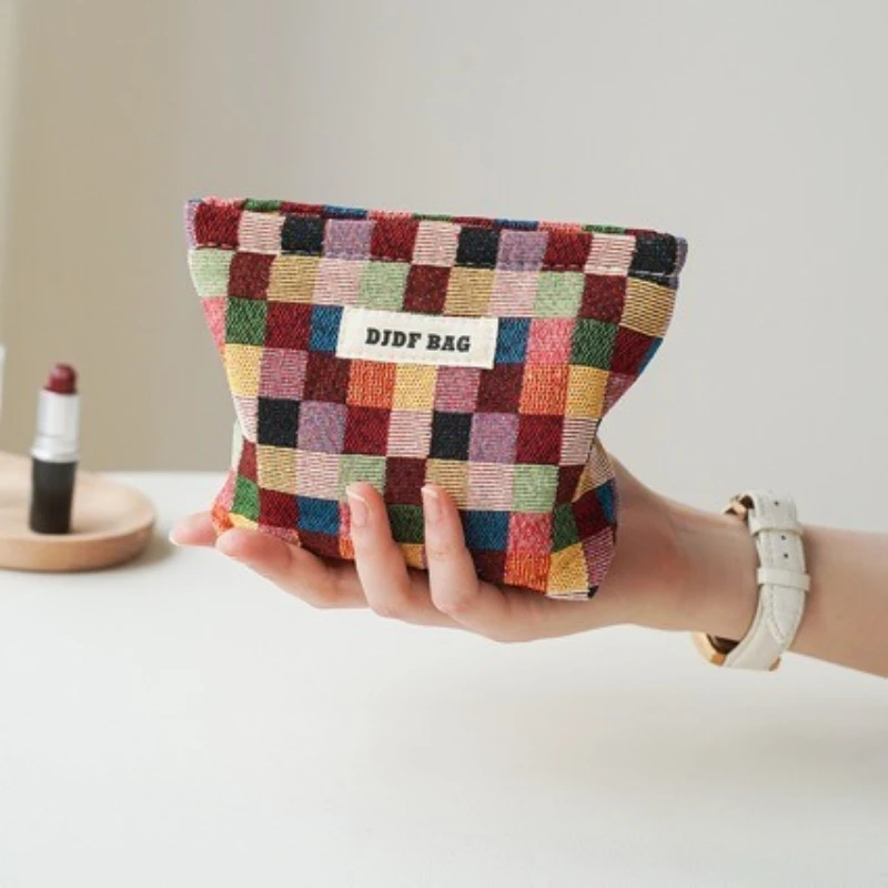Kleine Reise-Kosmetiktasche, Aufbewahrungstasche, Lippenstift-Liner-Tasche, tragbare Kulturtasche, karierte Tasche
