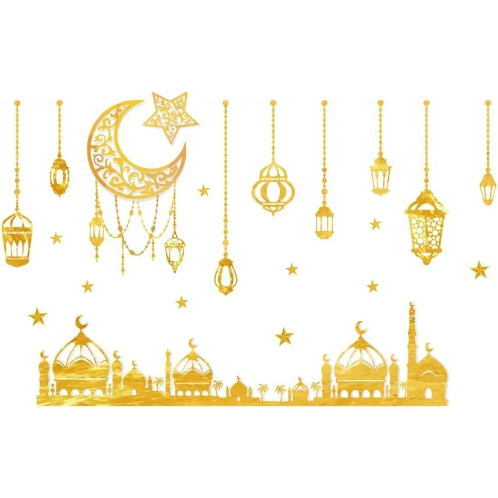 EDI Mubarak Wall Stickers Ramadan Moon Star Wall Peel and Stick Wall Art Decals for Living Room Door Window Decoration