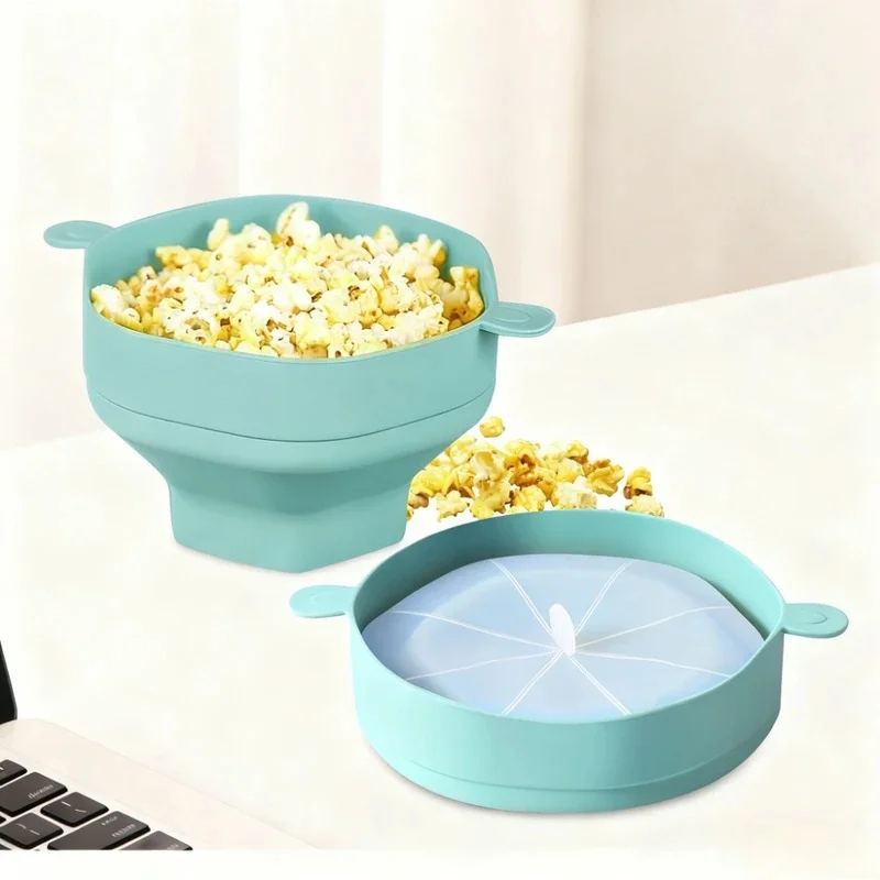 Silicone Popcorn Popper with Lid Reusable Collapsible Bowl Microwave and Dishwasher Safe for Home Party Office Baking Tools