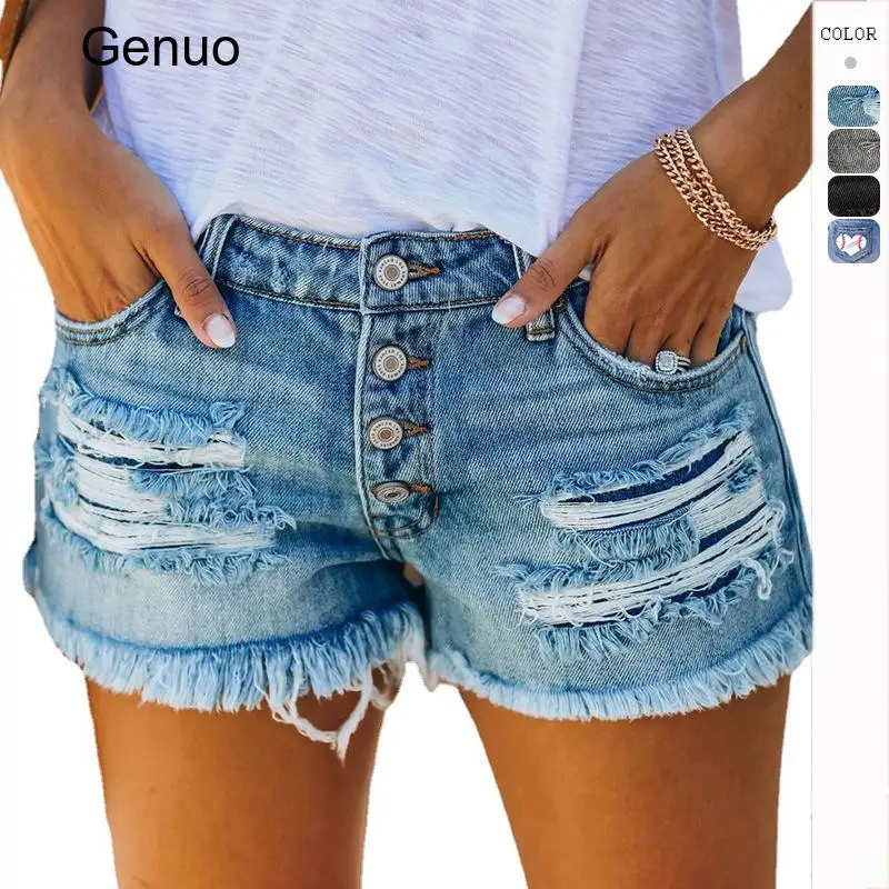 

2026 High Waist Ripped Fringe Denim Shorts Multi Button Destroyed Jean Short Pants Casual Summer Bottoms for Women