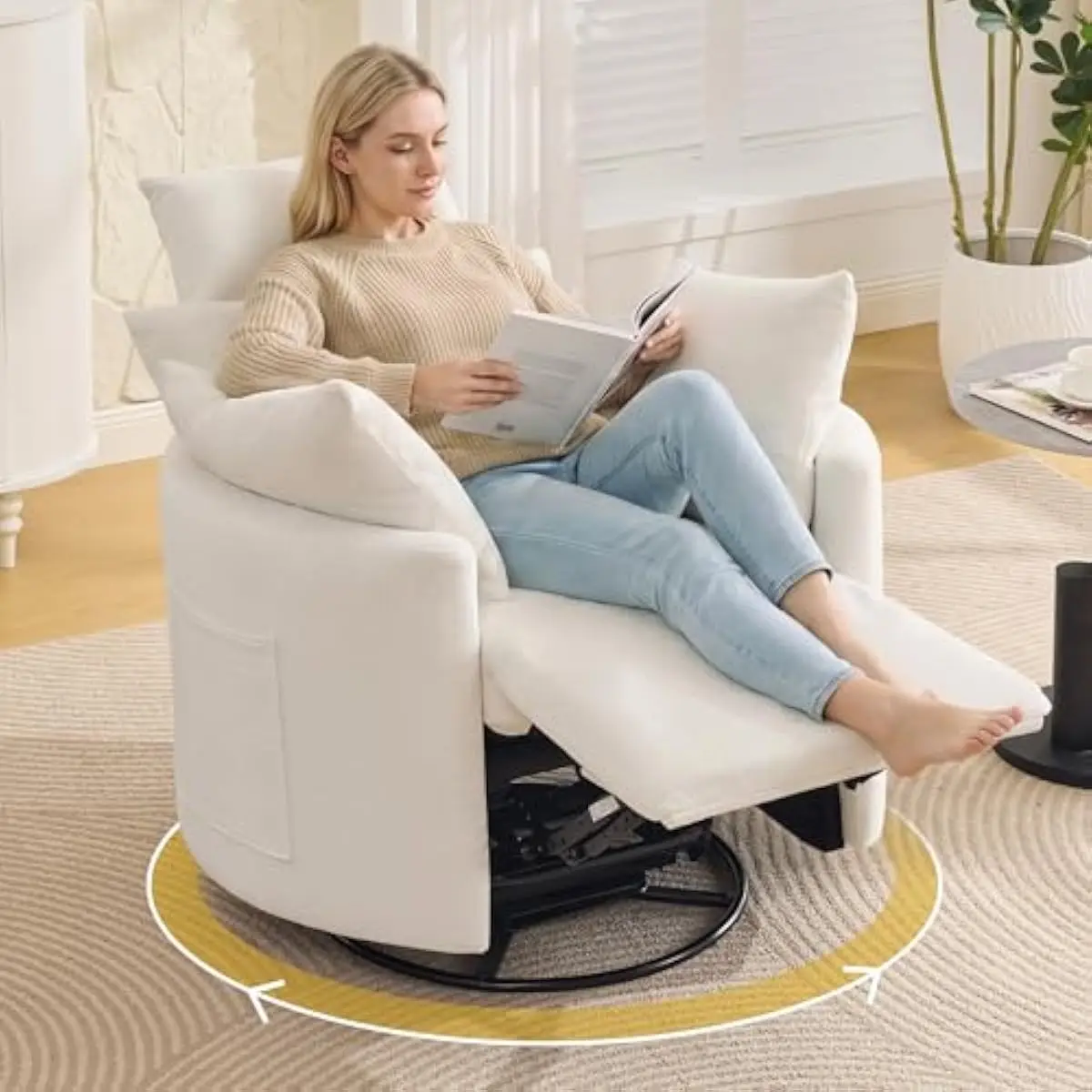 Manual Glider Recliner with 360° Swivel and 30° Rocking Motion, Chenille Upholstered Barrel Chair Featuring Silent Pull-Ring Rec