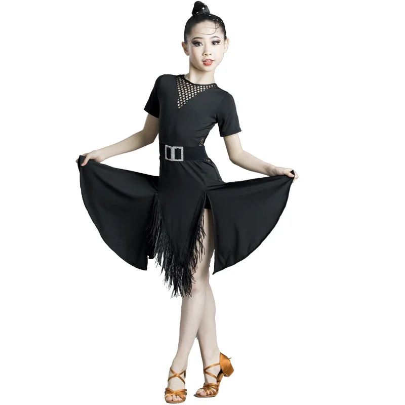 

2021 Children Latin Dance Dress Tassel Fringed Tango Salsa Ballroom Kids Dresses for Girls Sexy Hollow Latin Costume Competition